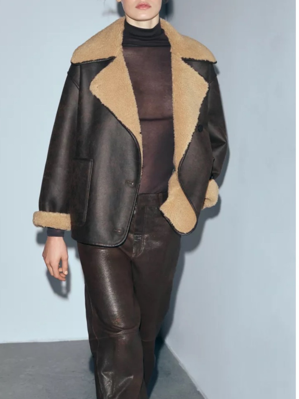 Zara Dark Brown Shearling-Lined Coat with Cream Collar
